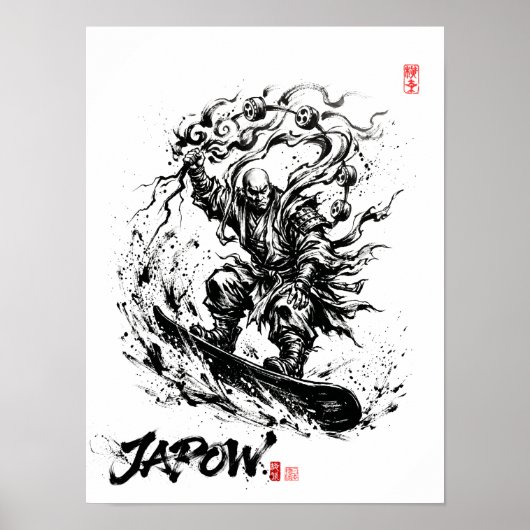 Snowboard Brush Art - Snowboarder Raijin God ポスター (正面)