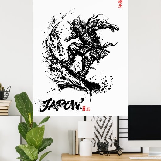 Snowboard Brush Art - Snowboarder Samurai ポスター (ホームオフィス)