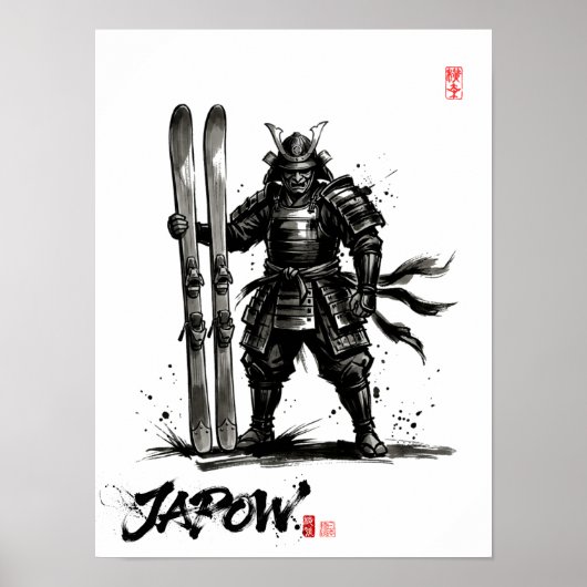 Snowboard Brush Art - Standing Samurai Ski ポスター (正面)