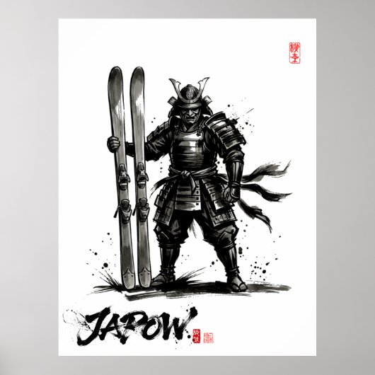 Snowboard Brush Art - Standing Samurai Ski ポスター (正面)