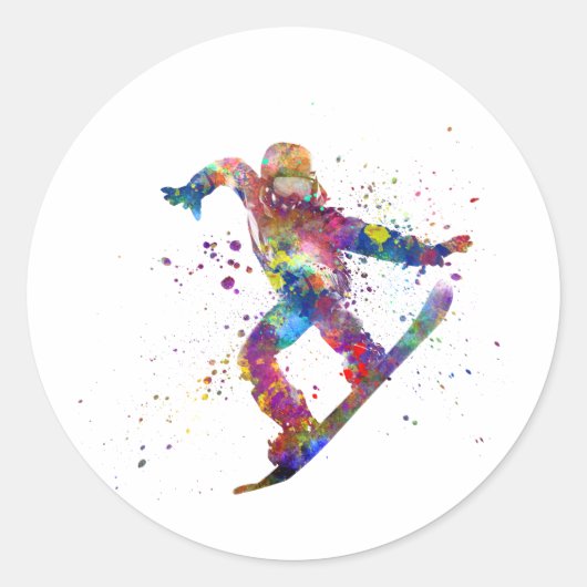 Snowboard in watercolor ラウンドシール (正面)