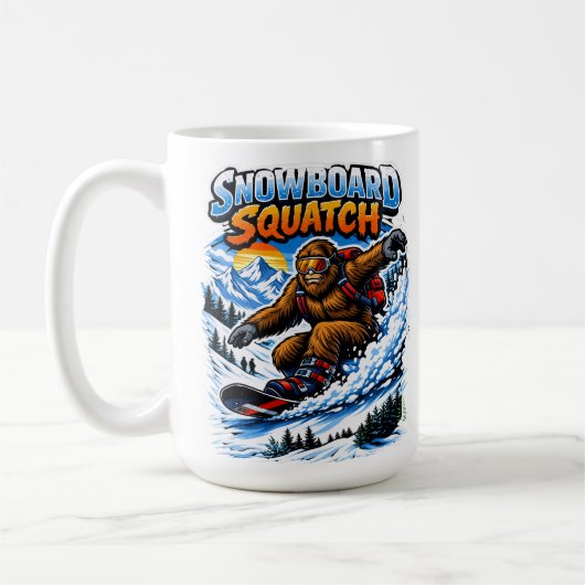 Snowboard Squatch – Funny Bigfoot Snowboarding コーヒーマグカップ (左)