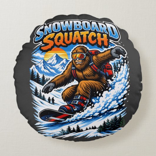 Snowboard Squatch – Funny Bigfoot Snowboarding  ラウンドクッション (正面)