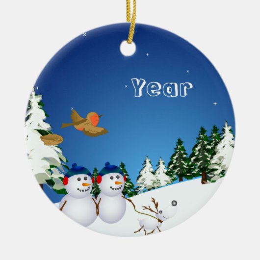 Snowcouple及び犬 セラミックオーナメント (正面)