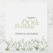 Snowdrop 60th Birthday Watercolor Botanical Green ワインラベル (シングルラベル)