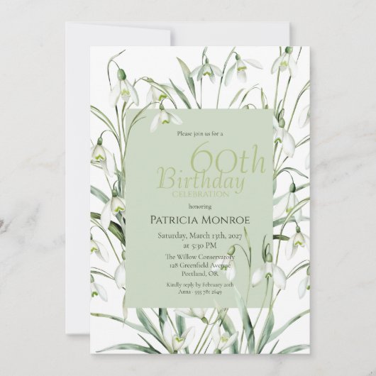 Snowdrop 60th Birthday Watercolor Botanical Green 招待状 (正面)