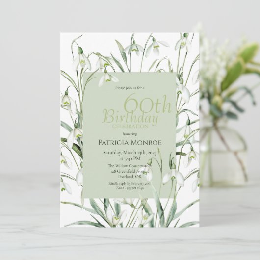 Snowdrop 60th Birthday Watercolor Botanical Green 招待状 (スタンド正面)