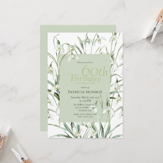 Snowdrop 60th Birthday Watercolor Botanical Green 招待状 (正面/裏面インサイチュ)