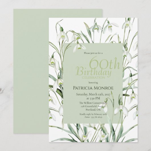 Snowdrop 60th Birthday Watercolor Botanical Green 招待状 (正面/裏面)