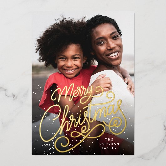 Snowfall Script Christmas Photo 箔シーズンカード (正面)