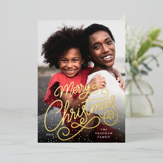 Snowfall Script Christmas Photo 箔シーズンカード (立ち正面)