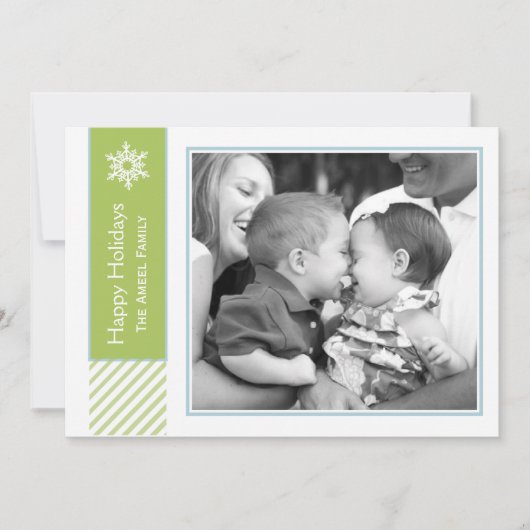 Snowflake and Stripes | Green Holiday Photo Cards シーズンカード (正面)