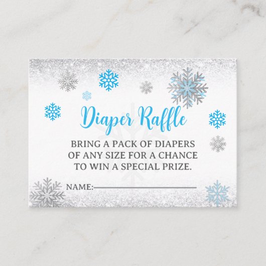  Snowflake Blue & Silver Baby Shower Diaper Raffle エンクロージャーカード (正面)