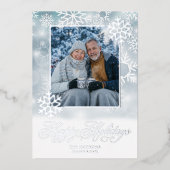 Snowflake Blue & White Photo Happy Holidays 箔シーズンカード (正面)