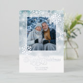 Snowflake Blue & White Photo Merry Christmas 箔シーズンカード (立ち正面)