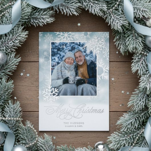 Snowflake Blue & White Photo Merry Christmas 箔シーズンカード