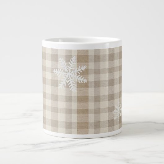 Snowflake Gingham Plaid Mug – Beige & Taupe Rustic ジャンボコーヒーマグカップ (正面)