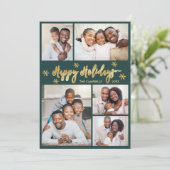 Snowflake Green and Gold 5 Photo Collage Christmas シーズンカード (スタンド正面)