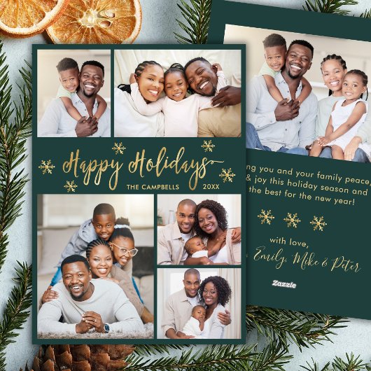 Snowflake Green and Gold 5 Photo Collage Christmas シーズンカード