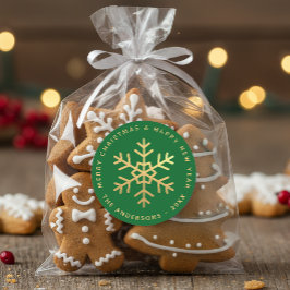 Snowflake Green & Faux Gold Foil Elegant Christmas ラウンドシール