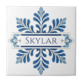 Snowflake pattern blue & white holiday custom name タイル (正面)