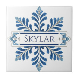 Snowflake pattern blue & white holiday custom name タイル