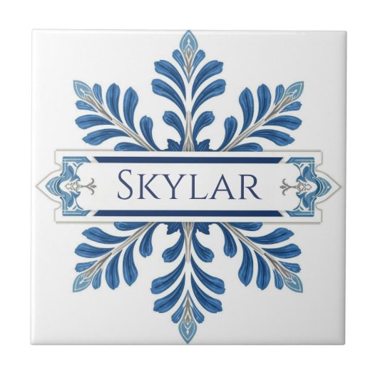 Snowflake pattern blue & white holiday custom name タイル (正面)