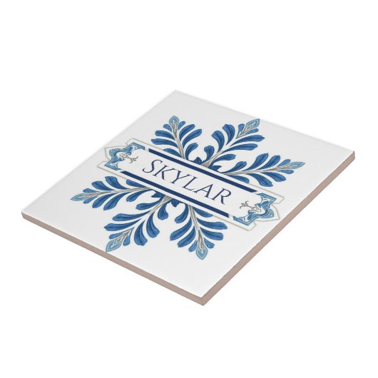 Snowflake pattern blue & white holiday custom name タイル (側面)