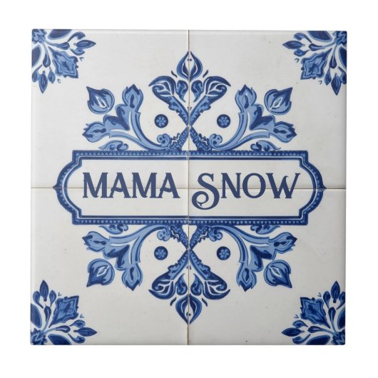 Snowflake pattern blue & white holiday custom name タイル (正面)