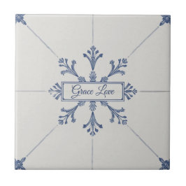 Snowflake pattern blue & white holiday custom name タイル