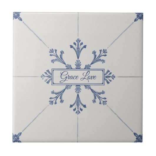 Snowflake pattern blue & white holiday custom name タイル (正面)