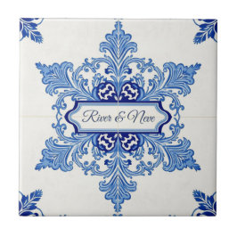 Snowflake pattern blue & white holiday custom name タイル