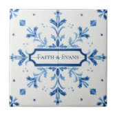 Snowflake pattern blue & white holiday custom name タイル (正面)