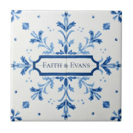 Snowflake pattern blue & white holiday custom name タイル