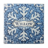 Snowflake pattern blue & white holiday custom name タイル (正面)