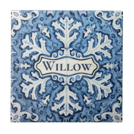 Snowflake pattern blue & white holiday custom name タイル