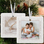 Snowflake Photo Frame Baby Birth Stats Natural セラミックオーナメント<br><div class="desc">Baby birth stats photo ornament with delicate white snowflakes on a soft natural background. The photo template is ready for you to add your baby photo, which is framed with your newborn birth stats. You can add the same photo or a different picture on the back, both of which are...</div>