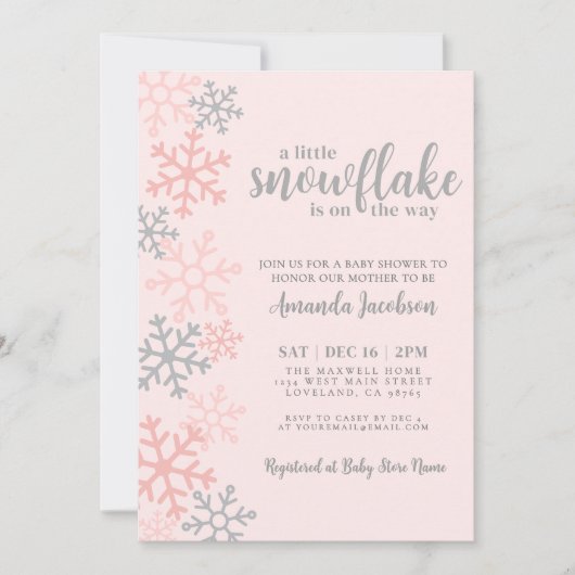 Snowflake Pink Winter Baby Shower 招待状 (正面)