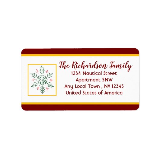 Snowflake Red and Gold Holiday Card Label ラベル (正面)