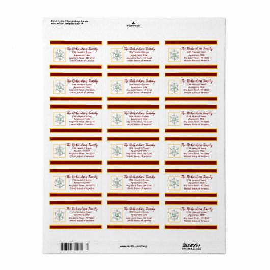 Snowflake Red and Gold Holiday Card Label ラベル (フルシート)