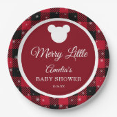 Snowflake Red Plaid Merry Little Baby Shower ペーパープレート (正面)