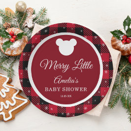 Snowflake Red Plaid Merry Little Baby Shower ペーパープレート