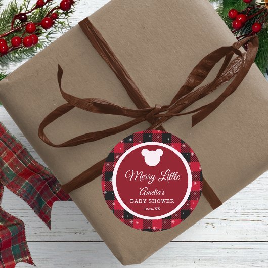 Snowflake Red Plaid Merry Little Baby Shower Stick ラウンドシール