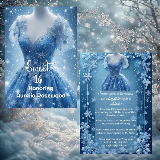 Snowflake Sweet 16 Ice Blue Silver Snow Rhinestone 招待状