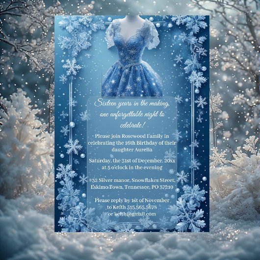 Snowflake Sweet 16 Ice Blue Silver Snow Rhinestone 招待状