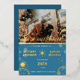Snowflake Winter Blueの写真結婚Save the Date 箔招待状