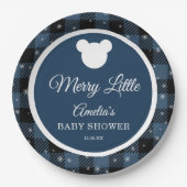 Snowflake Winter Blue Plaid Baby Shower ペーパープレート (正面)