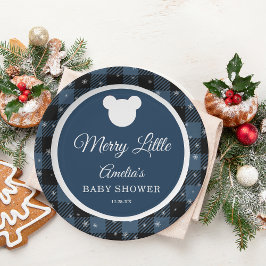 Snowflake Winter Blue Plaid Baby Shower ペーパープレート