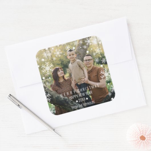 Snowflakes Arched Frame Photo Overlay Holiday スクエアシール (封筒)