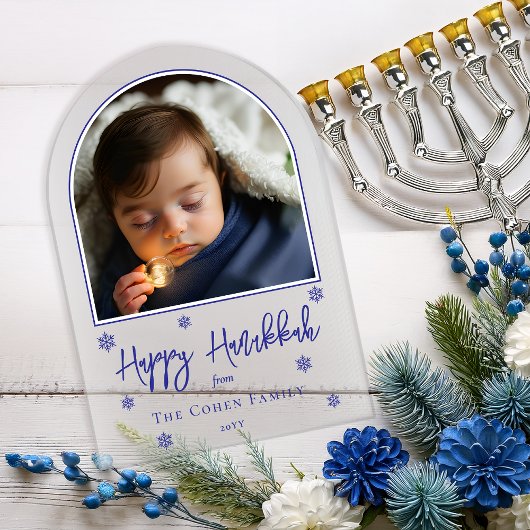 Snowflakes Arched Photo Happy Hanukkah Greeting アクリル招待状